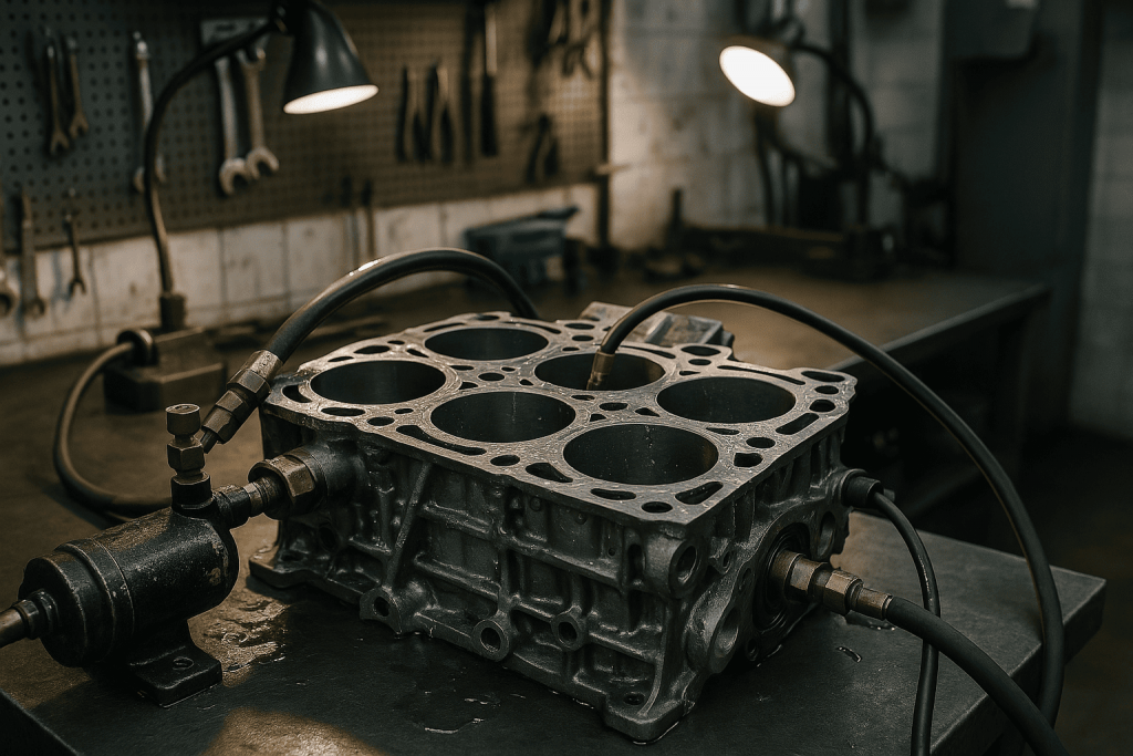 Опрессовка блока цилиндров: гидравлические тесты на утечки в масляных каналах